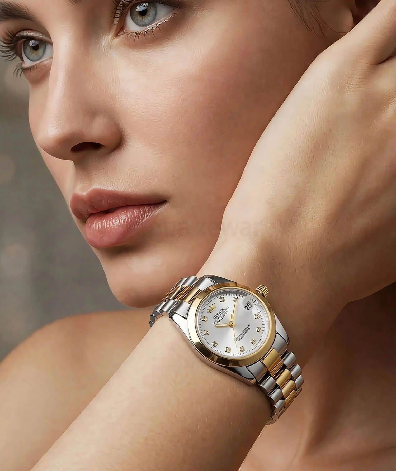 Two-Tone Crystal Dial Watch | Silver Gold Date Watch